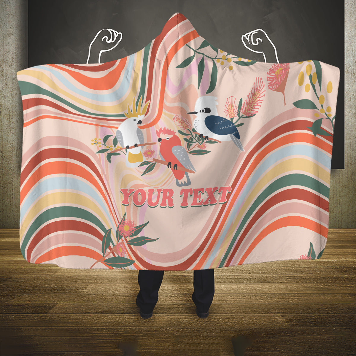 personalised-australia-hippie-christmas-hooded-blanket-cockatoo-kookaburra-with-wattle-pink-peach-style