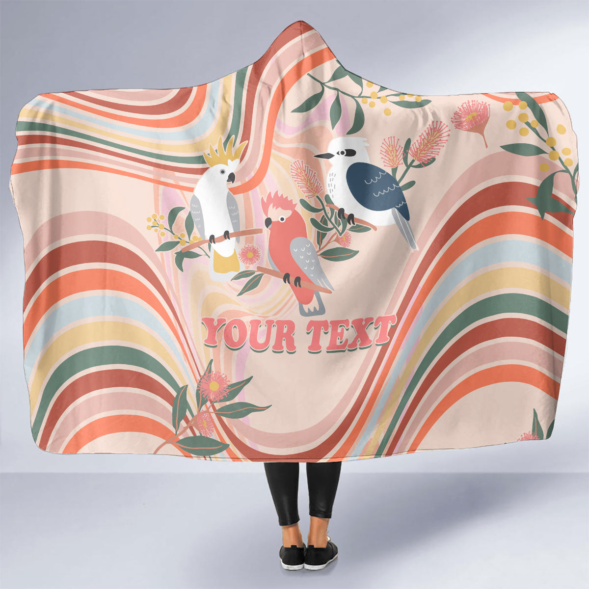 personalised-australia-hippie-christmas-hooded-blanket-cockatoo-kookaburra-with-wattle-pink-peach-style
