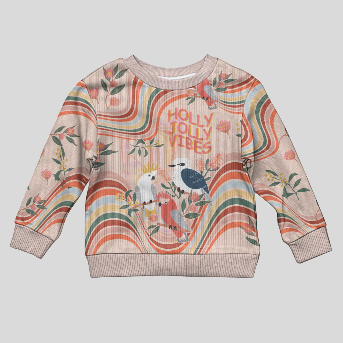 personalised-australia-hippie-christmas-kid-ugly-christmas-sweater-cockatoo-kookaburra-with-wattle-pink-peach-style