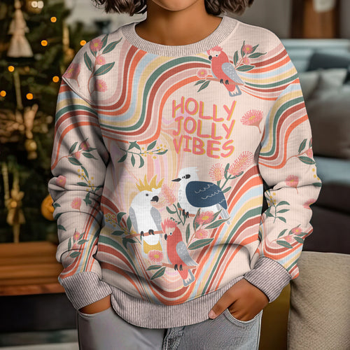 personalised-australia-hippie-christmas-kid-ugly-christmas-sweater-cockatoo-kookaburra-with-wattle-pink-peach-style