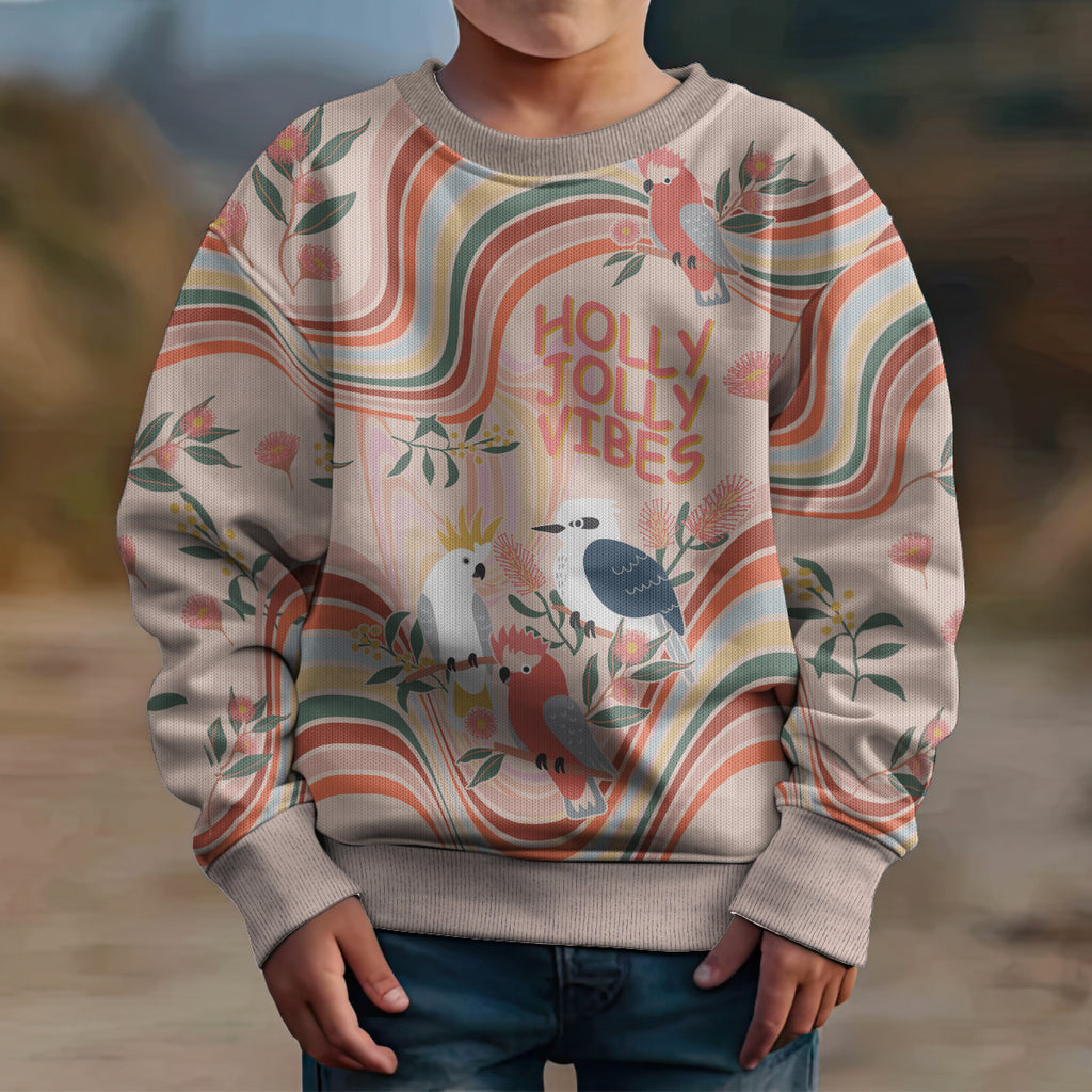 personalised-australia-hippie-christmas-kid-ugly-christmas-sweater-cockatoo-kookaburra-with-wattle-pink-peach-style