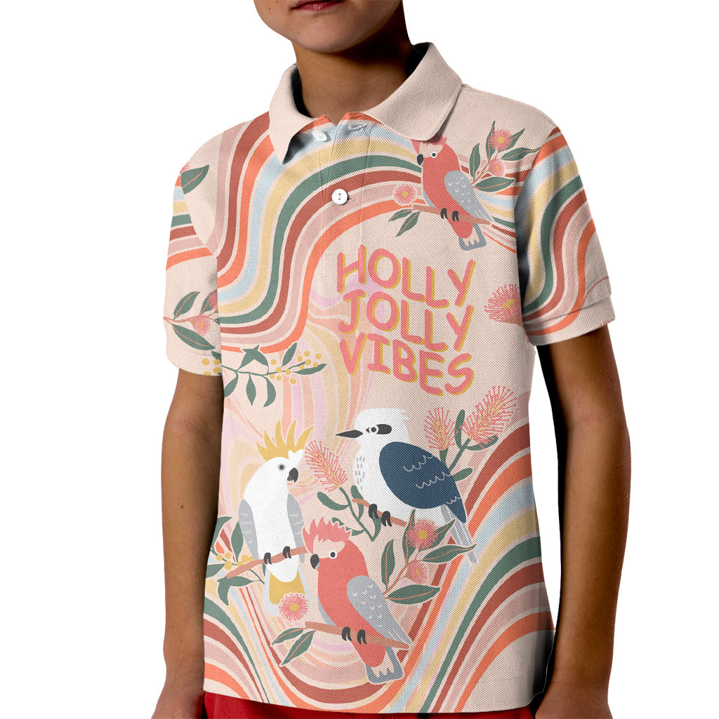 personalised-australia-hippie-christmas-kid-polo-shirt-cockatoo-kookaburra-with-wattle-pink-peach-style