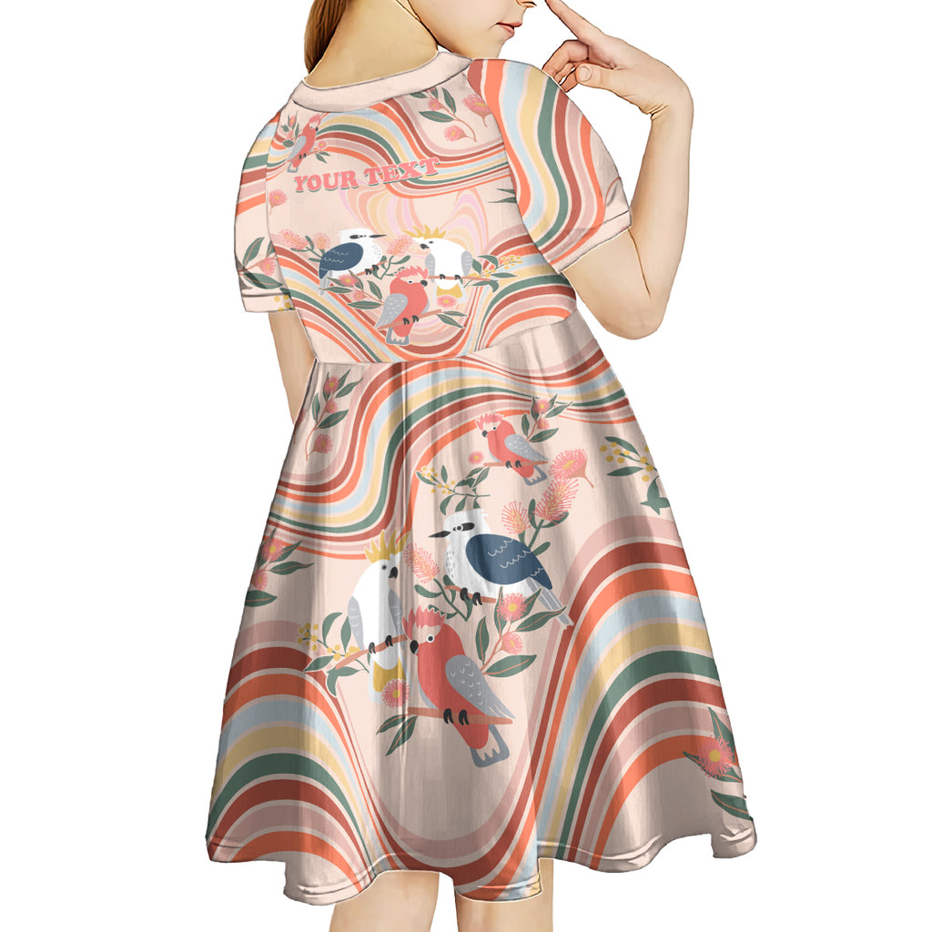 personalised-australia-hippie-christmas-kid-short-sleeve-dress-cockatoo-kookaburra-with-wattle-pink-peach-style