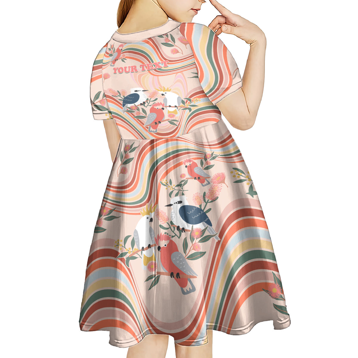 personalised-australia-hippie-christmas-kid-short-sleeve-dress-cockatoo-kookaburra-with-wattle-pink-peach-style