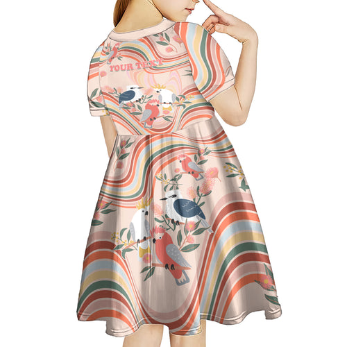 personalised-australia-hippie-christmas-kid-short-sleeve-dress-cockatoo-kookaburra-with-wattle-pink-peach-style