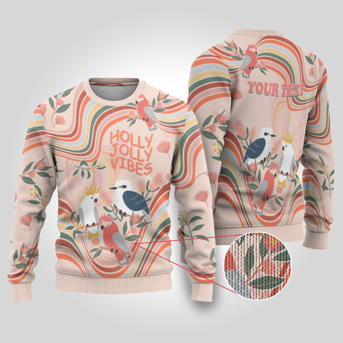 personalised-australia-hippie-christmas-ugly-christmas-sweater-cockatoo-kookaburra-with-wattle-pink-peach-style