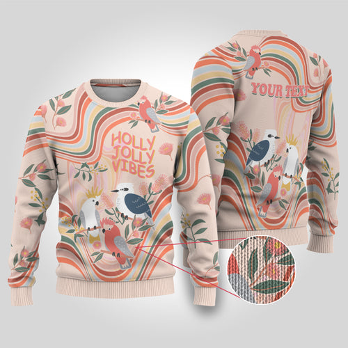 personalised-australia-hippie-christmas-ugly-christmas-sweater-cockatoo-kookaburra-with-wattle-pink-peach-style
