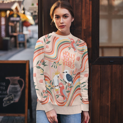 personalised-australia-hippie-christmas-ugly-christmas-sweater-cockatoo-kookaburra-with-wattle-pink-peach-style