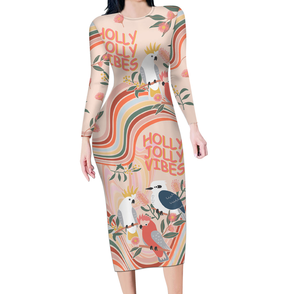 personalised-australia-hippie-christmas-long-sleeve-bodycon-dress-cockatoo-kookaburra-with-wattle-pink-peach-style