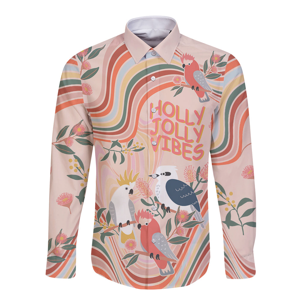 personalised-australia-hippie-christmas-long-sleeve-button-shirt-cockatoo-kookaburra-with-wattle-pink-peach-style