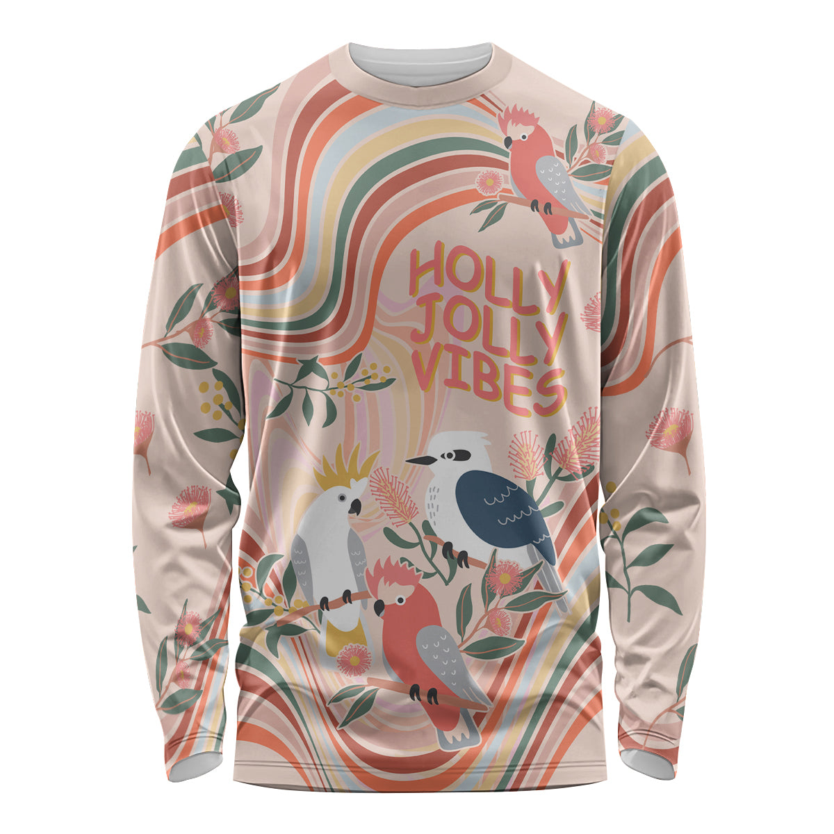 personalised-australia-hippie-christmas-long-sleeve-shirt-cockatoo-kookaburra-with-wattle-pink-peach-style