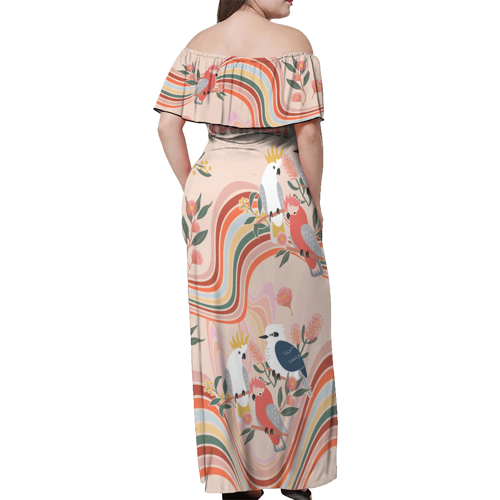 personalised-australia-hippie-christmas-off-shoulder-maxi-dress-cockatoo-kookaburra-with-wattle-pink-peach-style