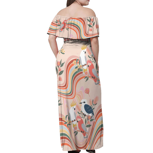 personalised-australia-hippie-christmas-off-shoulder-maxi-dress-cockatoo-kookaburra-with-wattle-pink-peach-style