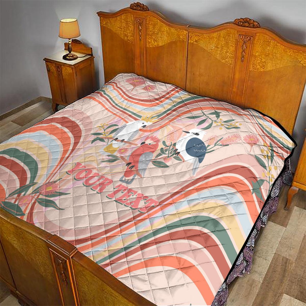 personalised-australia-hippie-christmas-quilt-cockatoo-kookaburra-with-wattle-pink-peach-style