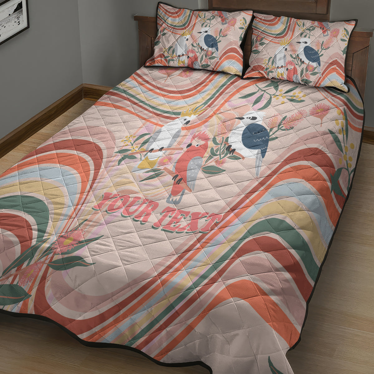 personalised-australia-hippie-christmas-quilt-bed-set-cockatoo-kookaburra-with-wattle-pink-peach-style