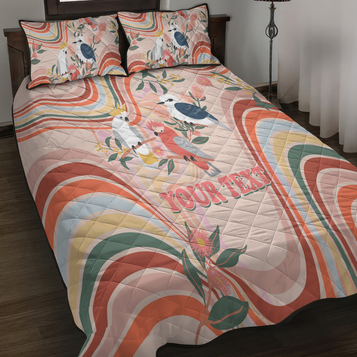 personalised-australia-hippie-christmas-quilt-bed-set-cockatoo-kookaburra-with-wattle-pink-peach-style