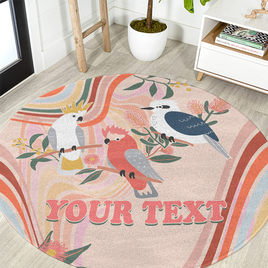 personalised-australia-hippie-christmas-round-carpet-cockatoo-kookaburra-with-wattle-pink-peach-style