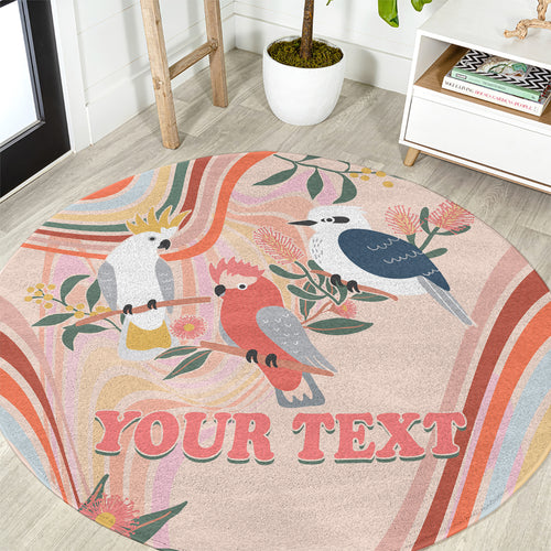 personalised-australia-hippie-christmas-round-carpet-cockatoo-kookaburra-with-wattle-pink-peach-style