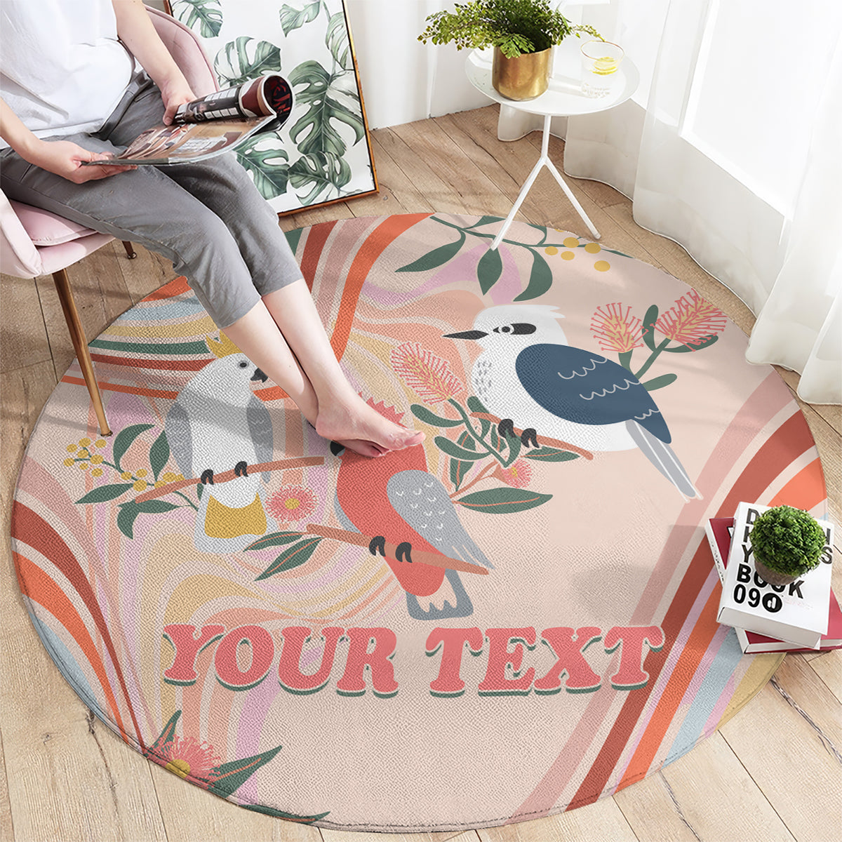 personalised-australia-hippie-christmas-round-carpet-cockatoo-kookaburra-with-wattle-pink-peach-style