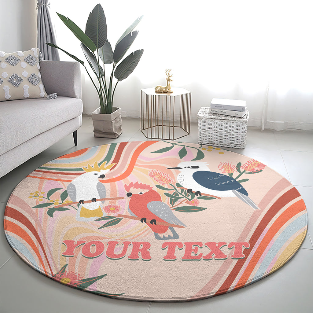 personalised-australia-hippie-christmas-round-carpet-cockatoo-kookaburra-with-wattle-pink-peach-style