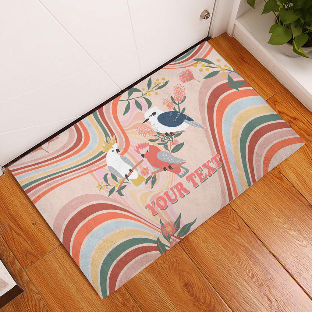personalised-australia-hippie-christmas-rubber-doormat-cockatoo-kookaburra-with-wattle-pink-peach-style