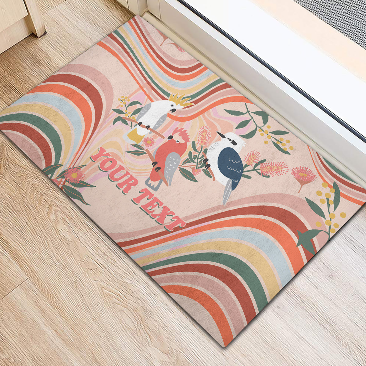 personalised-australia-hippie-christmas-rubber-doormat-cockatoo-kookaburra-with-wattle-pink-peach-style