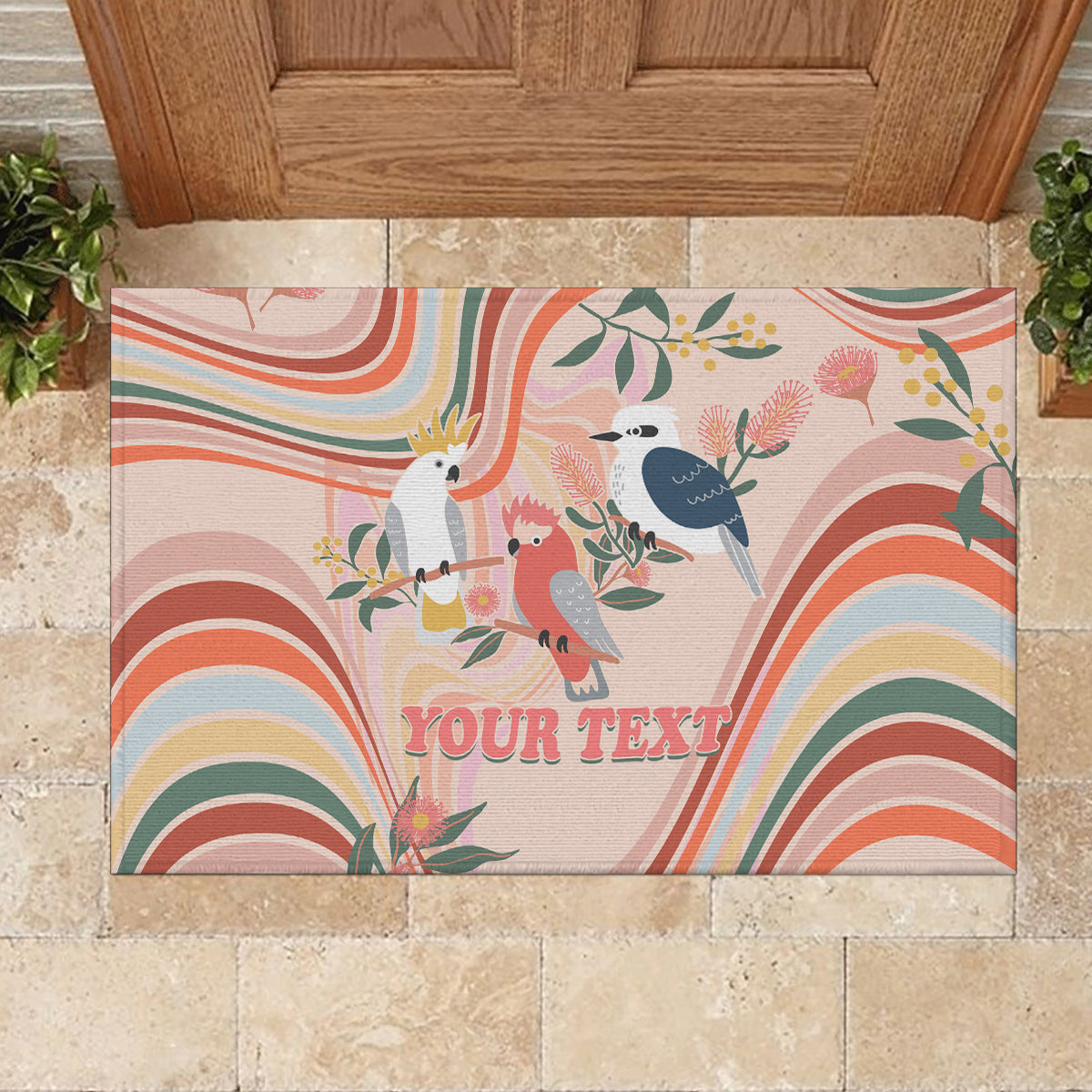 personalised-australia-hippie-christmas-rubber-doormat-cockatoo-kookaburra-with-wattle-pink-peach-style