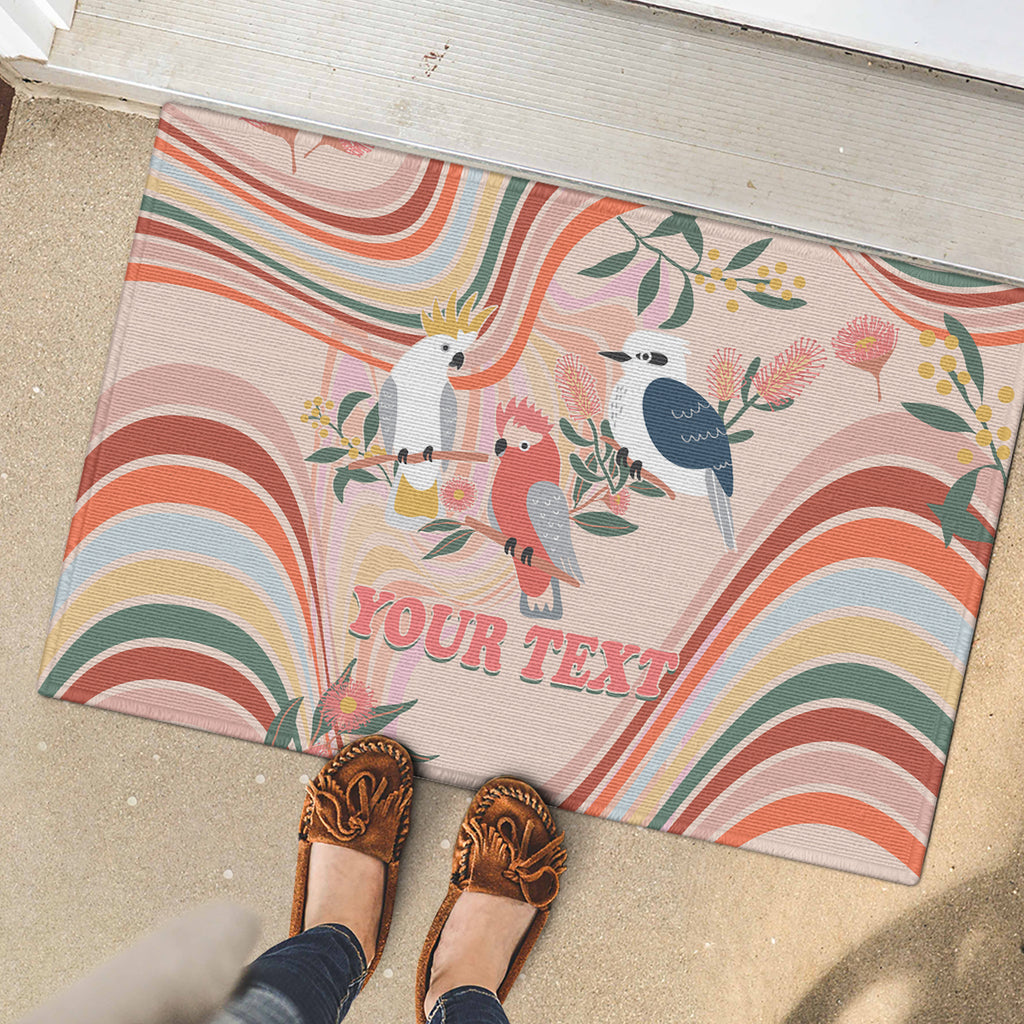 personalised-australia-hippie-christmas-rubber-doormat-cockatoo-kookaburra-with-wattle-pink-peach-style