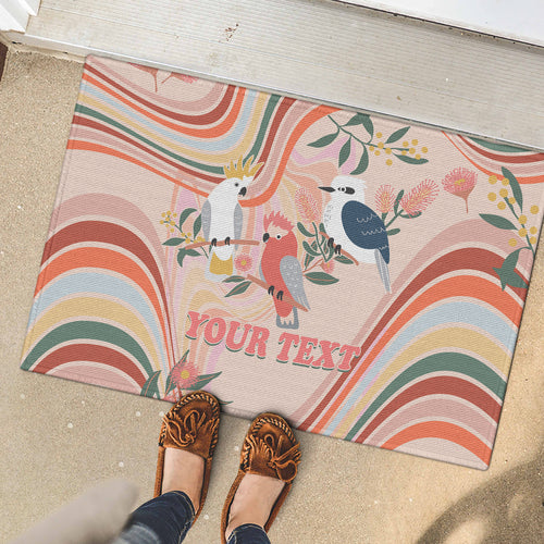 personalised-australia-hippie-christmas-rubber-doormat-cockatoo-kookaburra-with-wattle-pink-peach-style