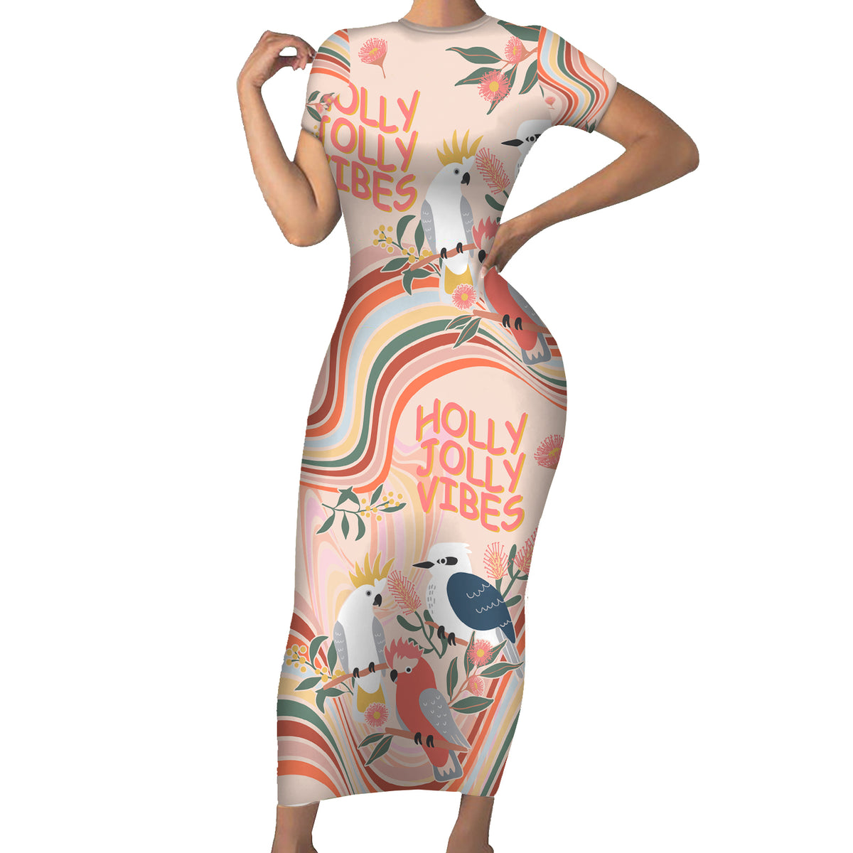personalised-australia-hippie-christmas-short-sleeve-bodycon-dress-cockatoo-kookaburra-with-wattle-pink-peach-style