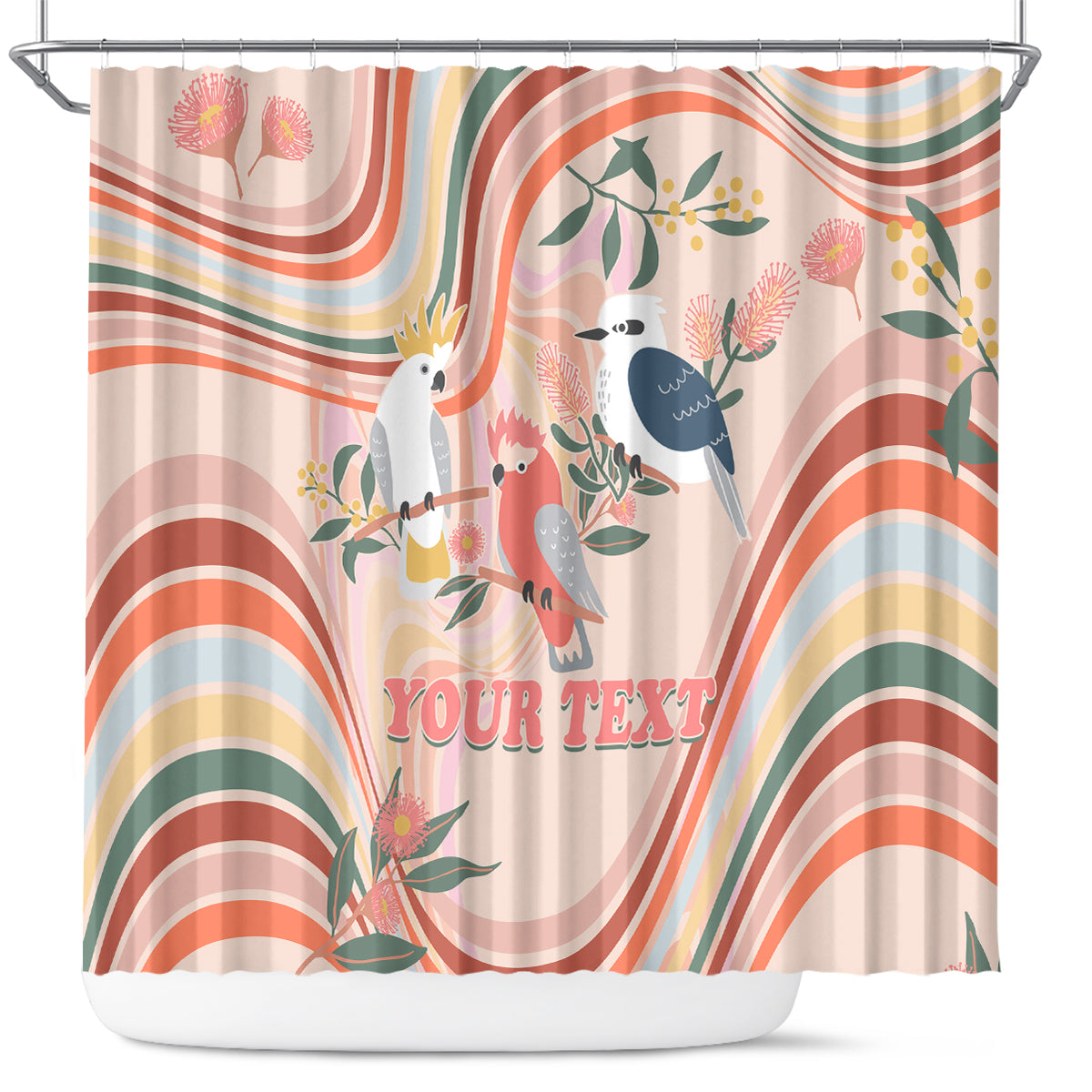 personalised-australia-hippie-christmas-shower-curtain-cockatoo-kookaburra-with-wattle-pink-peach-style