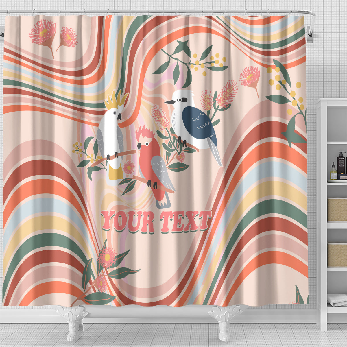 personalised-australia-hippie-christmas-shower-curtain-cockatoo-kookaburra-with-wattle-pink-peach-style