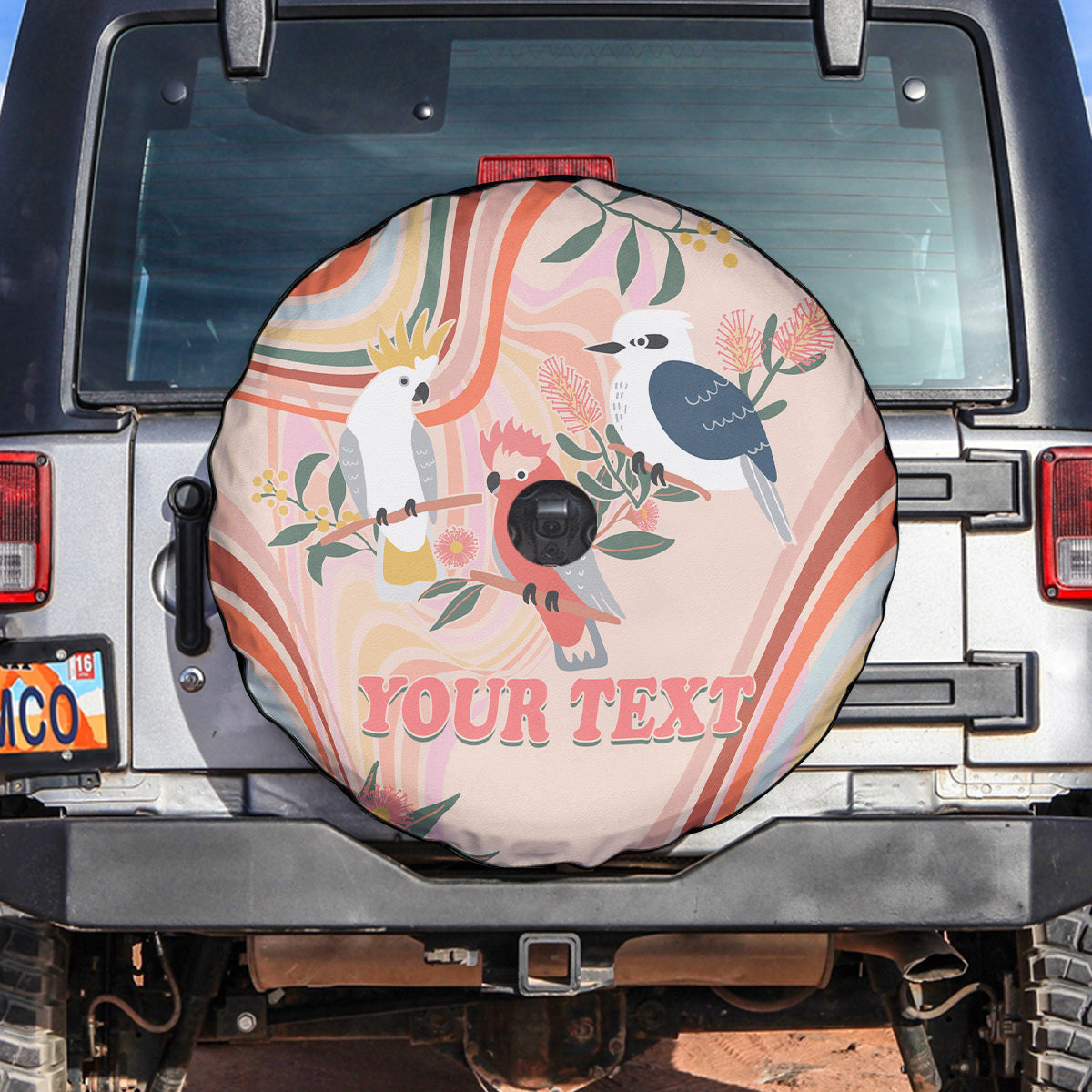 personalised-australia-hippie-christmas-spare-tire-cover-cockatoo-kookaburra-with-wattle-pink-peach-style