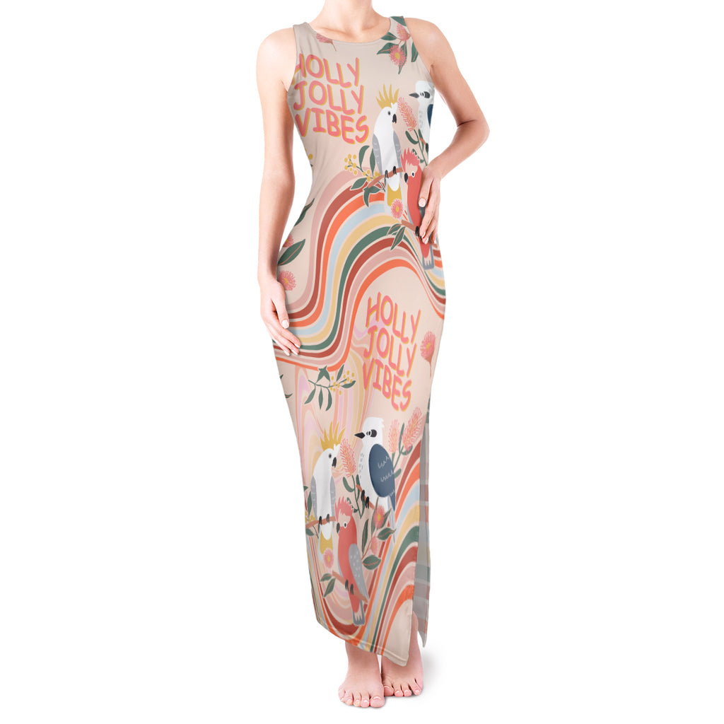 personalised-australia-hippie-christmas-tank-maxi-dress-cockatoo-kookaburra-with-wattle-pink-peach-style