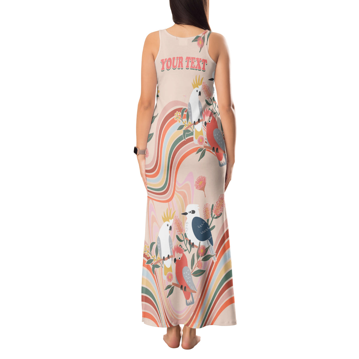 personalised-australia-hippie-christmas-tank-maxi-dress-cockatoo-kookaburra-with-wattle-pink-peach-style