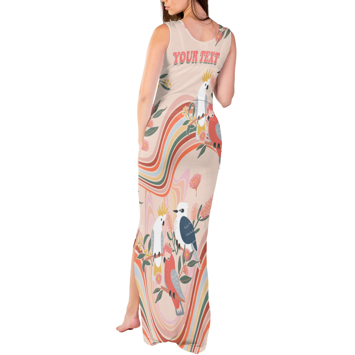 personalised-australia-hippie-christmas-tank-maxi-dress-cockatoo-kookaburra-with-wattle-pink-peach-style