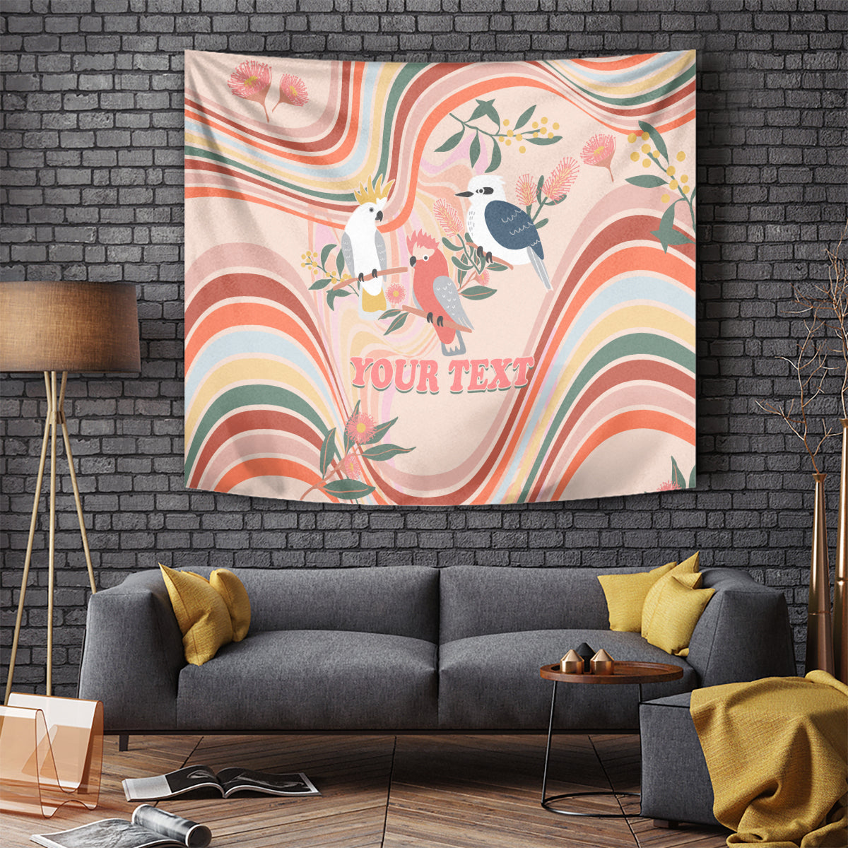 personalised-australia-hippie-christmas-tapestry-cockatoo-kookaburra-with-wattle-pink-peach-style