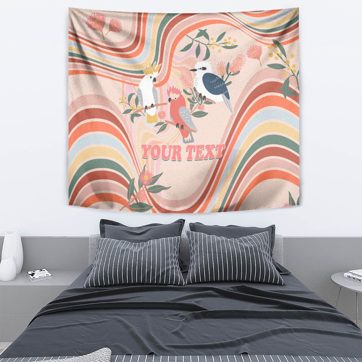 personalised-australia-hippie-christmas-tapestry-cockatoo-kookaburra-with-wattle-pink-peach-style