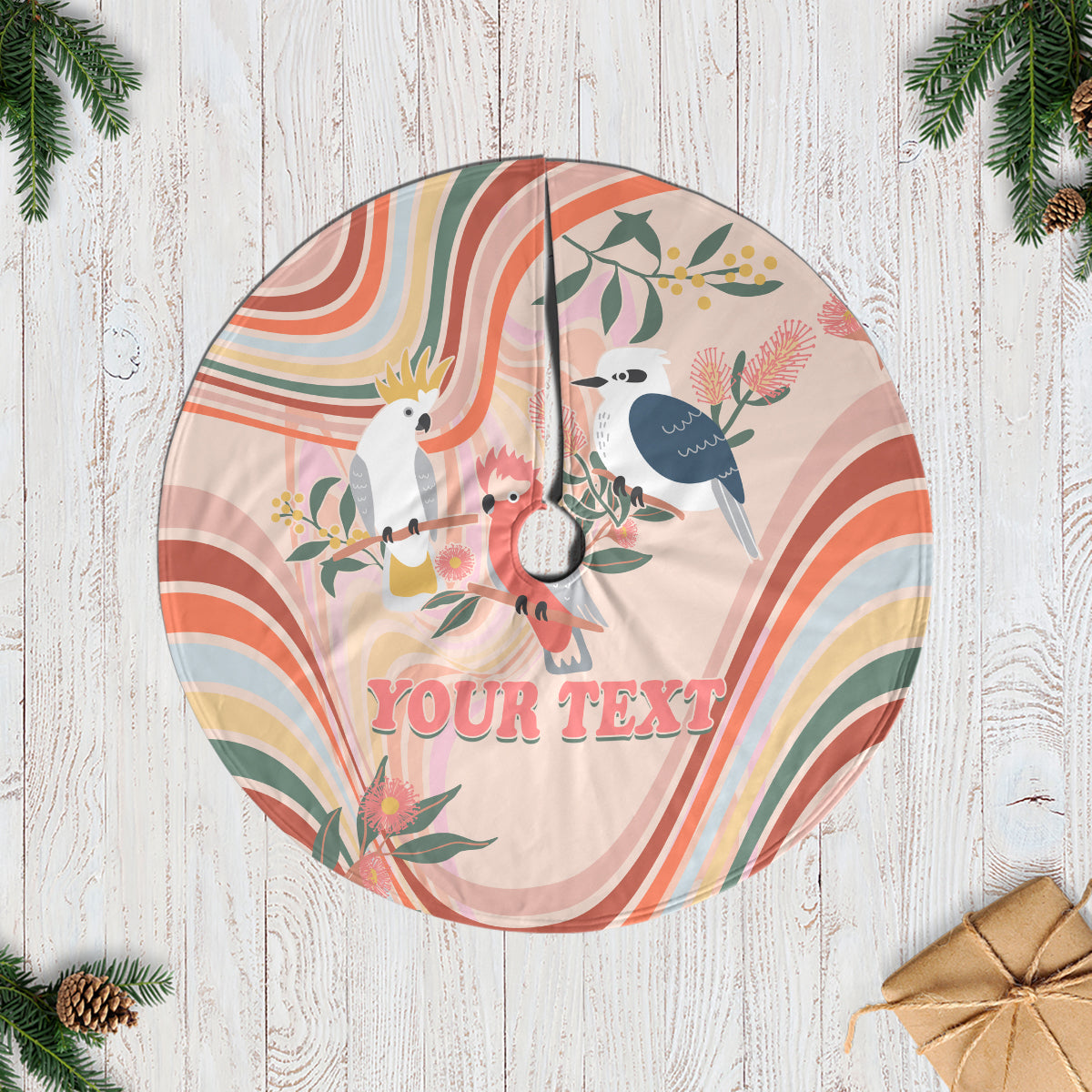 personalised-australia-hippie-christmas-tree-skirt-cockatoo-kookaburra-with-wattle-pink-peach-style
