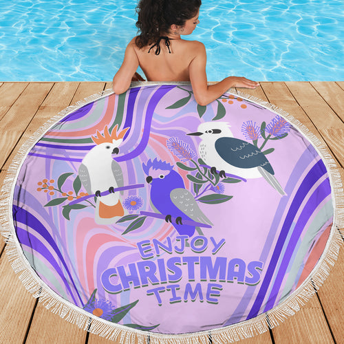 australia-hippie-christmas-beach-blanket-cockatoo-kookaburra-with-wattle-violet-pastel-color