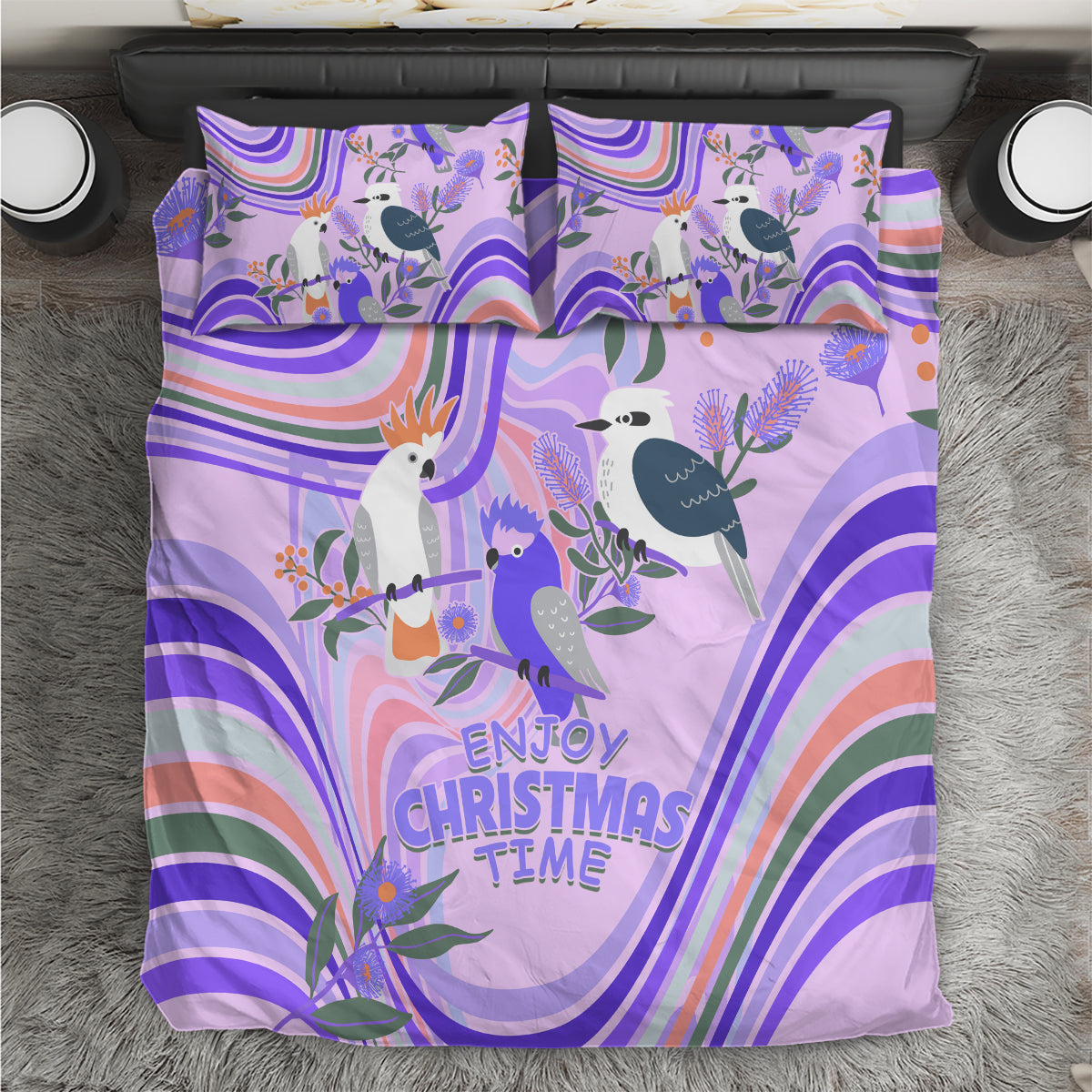 australia-hippie-christmas-bedding-set-cockatoo-kookaburra-with-wattle-violet-pastel-color