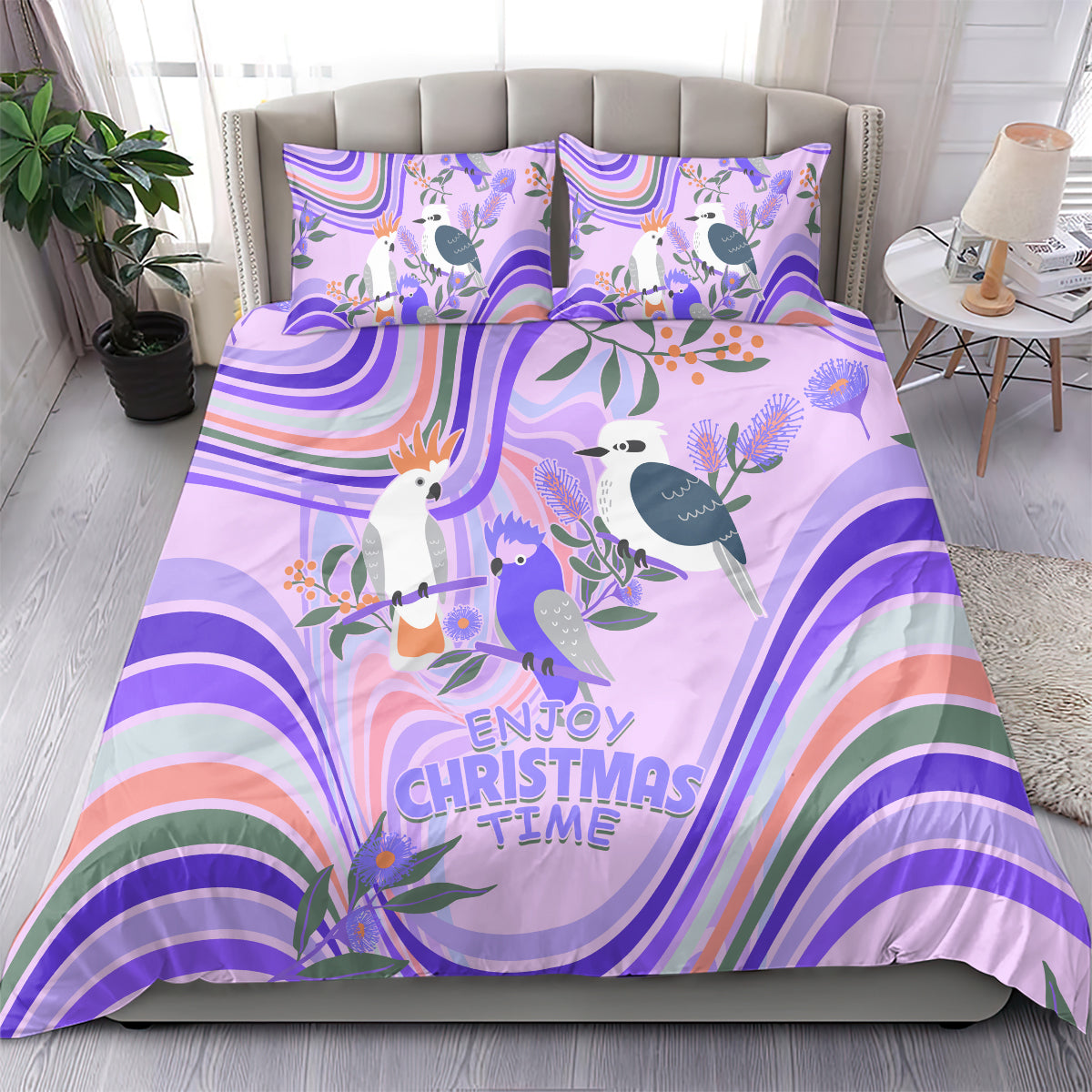 australia-hippie-christmas-bedding-set-cockatoo-kookaburra-with-wattle-violet-pastel-color