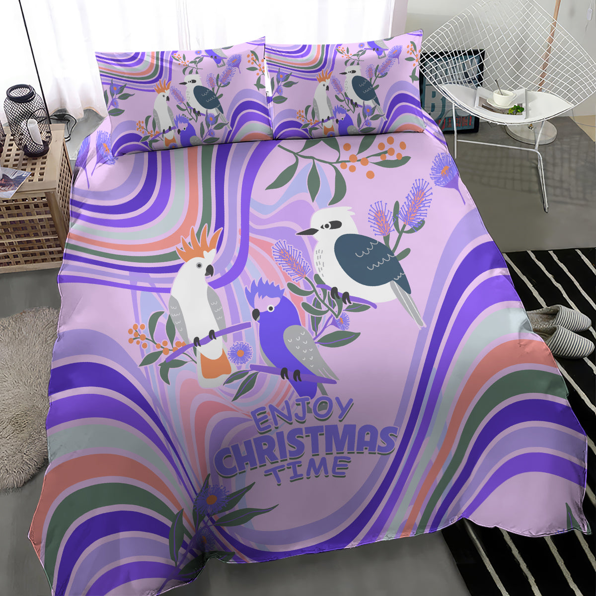 australia-hippie-christmas-bedding-set-cockatoo-kookaburra-with-wattle-violet-pastel-color