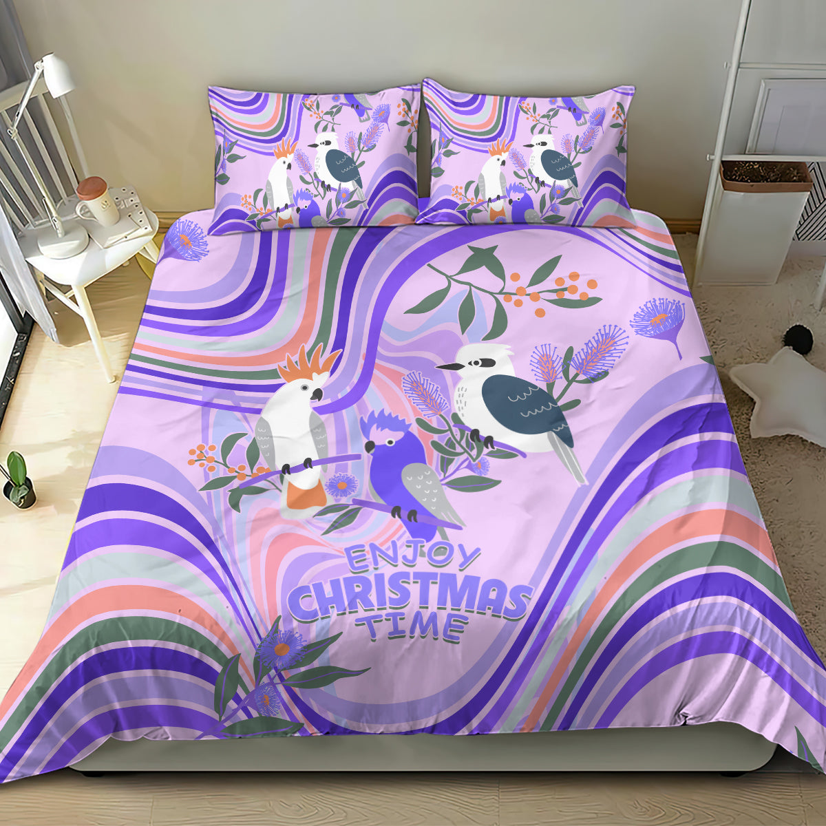 australia-hippie-christmas-bedding-set-cockatoo-kookaburra-with-wattle-violet-pastel-color