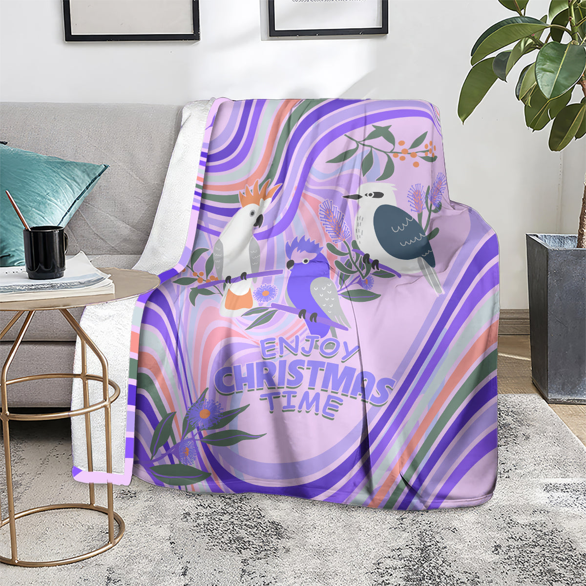 australia-hippie-christmas-blanket-cockatoo-kookaburra-with-wattle-violet-pastel-color