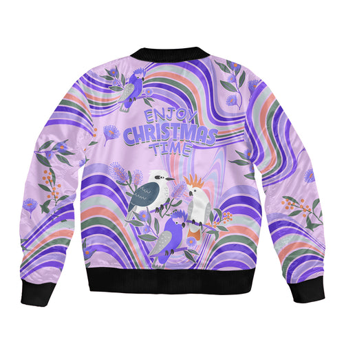 australia-hippie-christmas-bomber-jacket-cockatoo-kookaburra-with-wattle-violet-pastel-color
