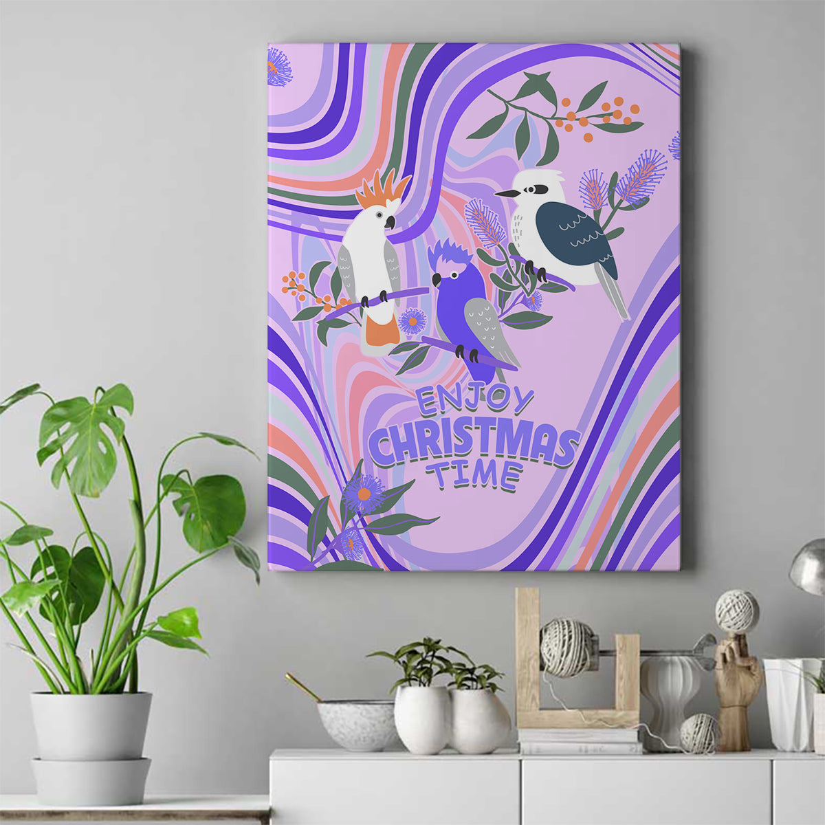 australia-hippie-christmas-canvas-wall-art-cockatoo-kookaburra-with-wattle-violet-pastel-color