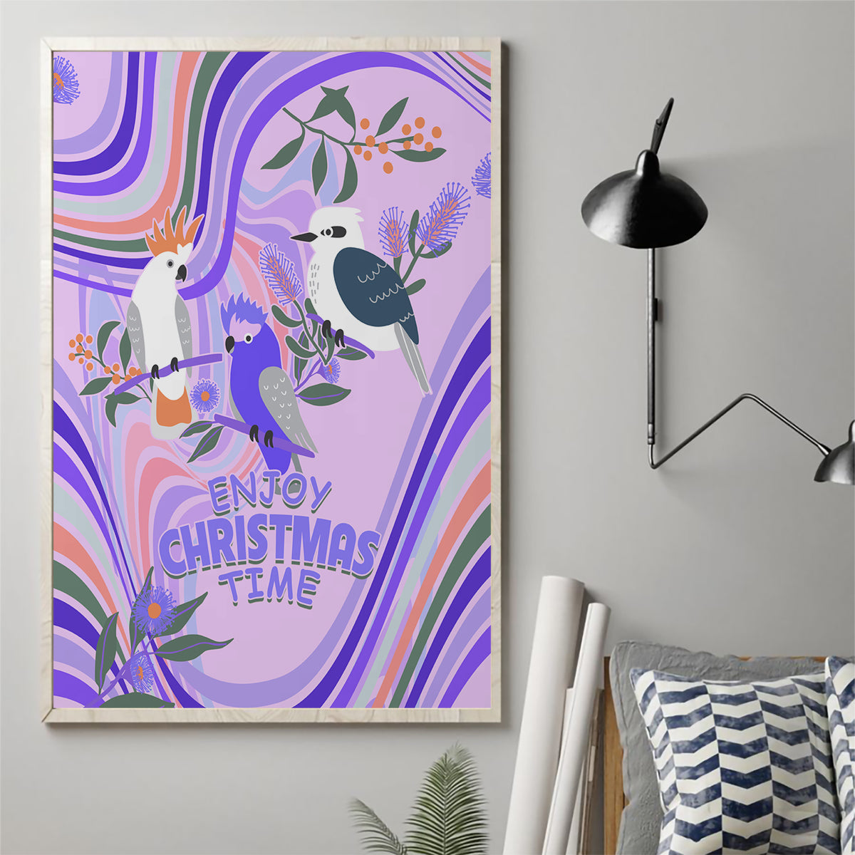 australia-hippie-christmas-canvas-wall-art-cockatoo-kookaburra-with-wattle-violet-pastel-color