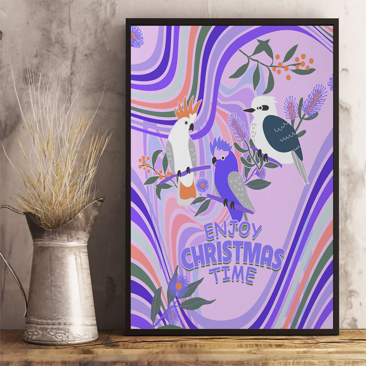 australia-hippie-christmas-canvas-wall-art-cockatoo-kookaburra-with-wattle-violet-pastel-color