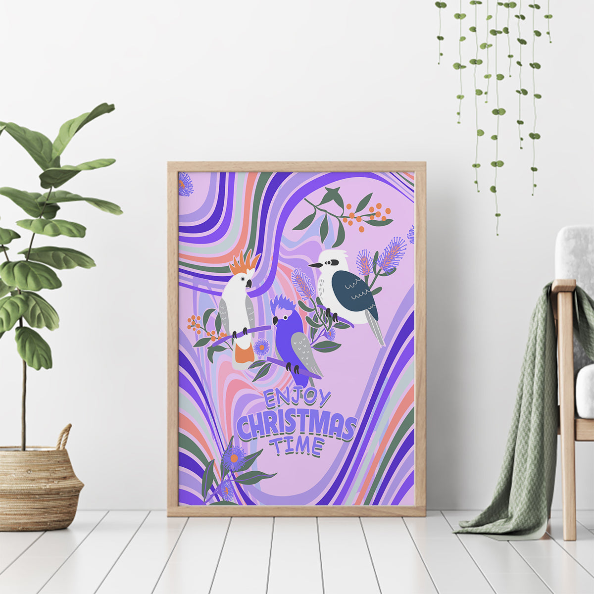 australia-hippie-christmas-canvas-wall-art-cockatoo-kookaburra-with-wattle-violet-pastel-color
